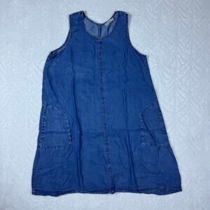 Dalia Women's M Tencel Sleeveless Blue Denim Shift Dress Side Pockets Keyhole